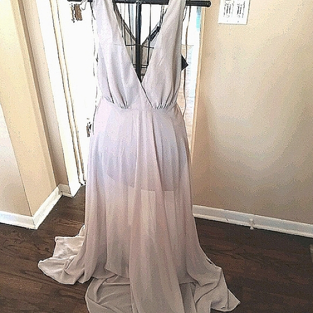 AKIRA Gray V-Neck Semi-Sheer Maxidress